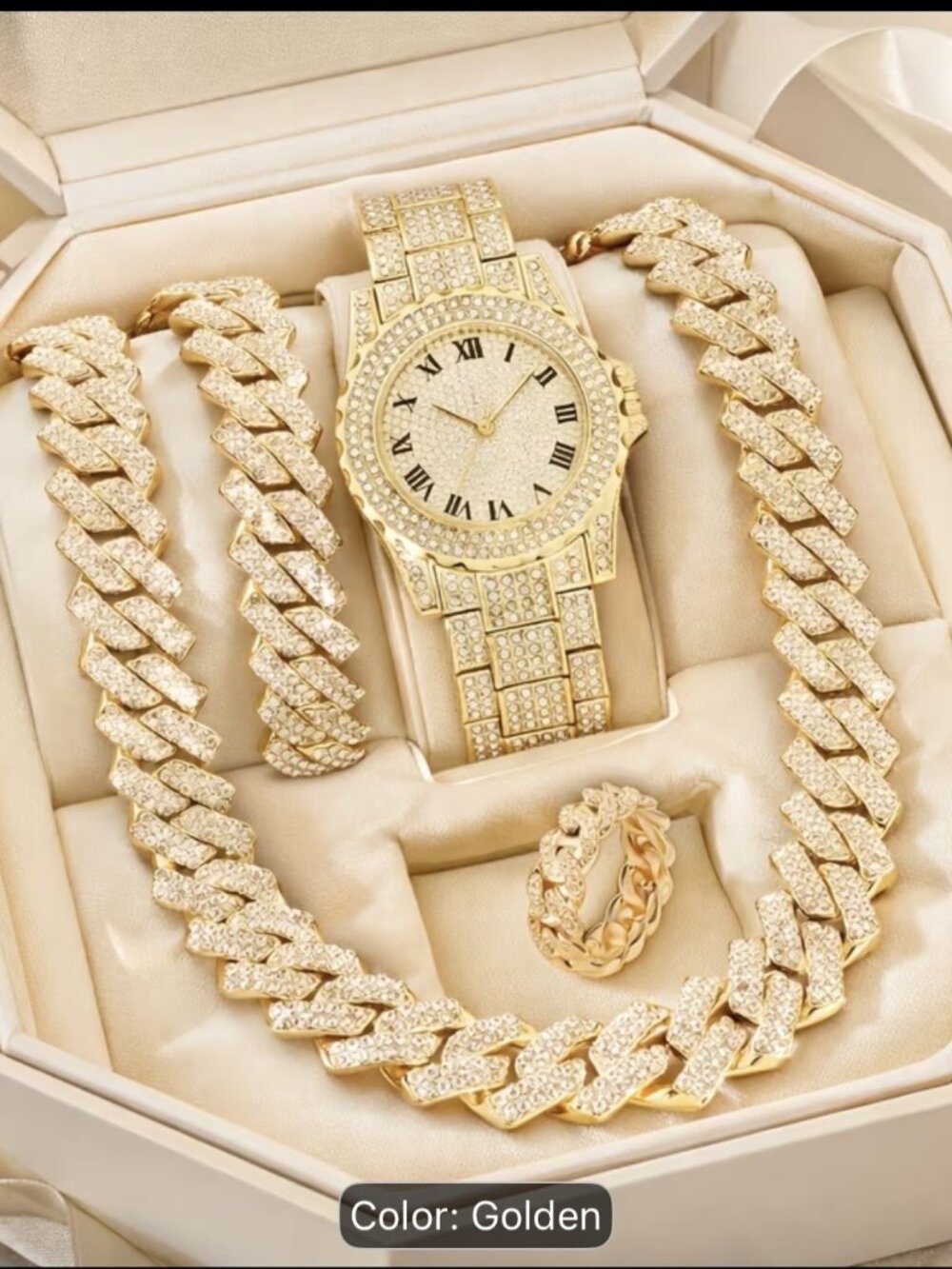 Men's Golden Fashion Cuban Link Bracelet and Watch Set